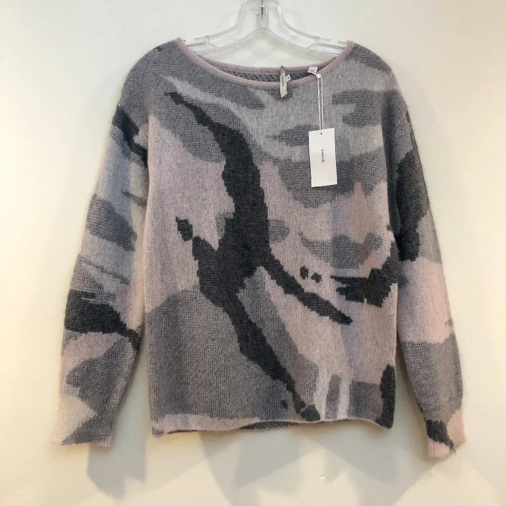 NWT Vince Alpaca Mohair Wool Blend Camo Pastel Long Sleeve Scoop Neck Sweater XS - Picture 2 of 8
